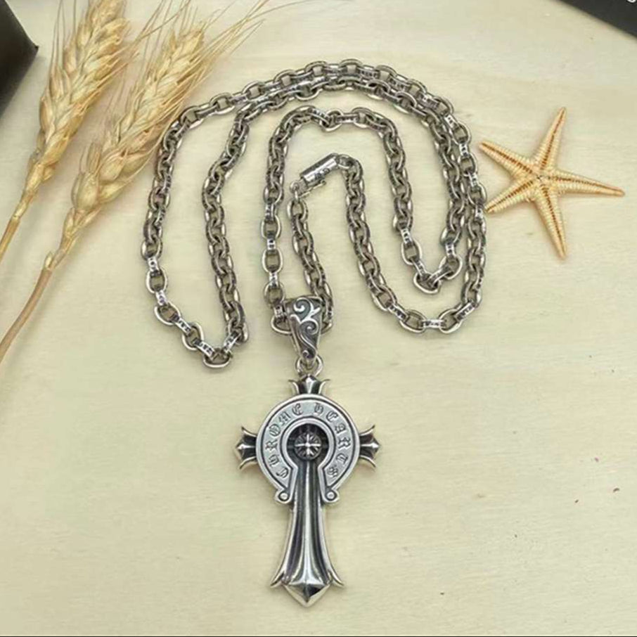 Punk Cross Necklace - Unisex Vintage  Silver Alphabet Necklace with 9 O'Clock Pendant