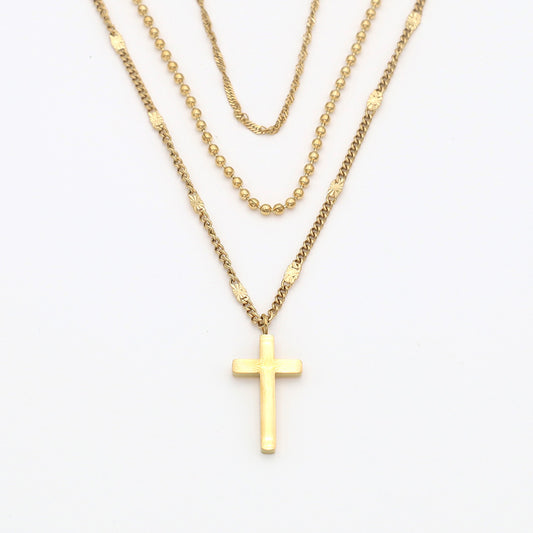 French Retro 3-Layer Chain Stackable Cross Pendant Necklace Tarnish-Resistant Clavicle Chain for Men and Women Trendy Vintage Jewelry Piece