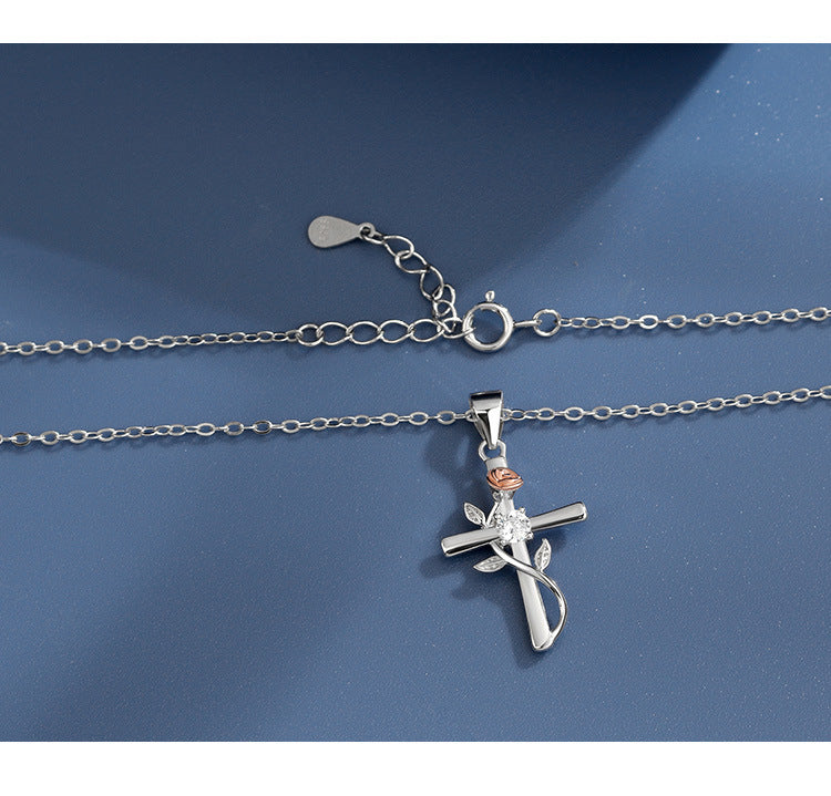 S925 Sterling Silver Rose Cross Necklace for Women - Summer High-End Pendant Versatile Clavicle Chain
