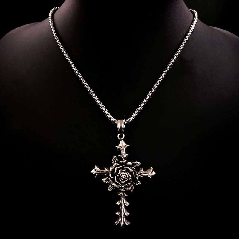 New Vintage Pendant Stainless Steel Cross Rose Necklace
