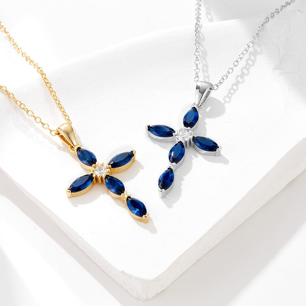 Luxury Silver Cross Necklace with Blue Cubic Zirconia - Sparkling Allure for Every Occasion