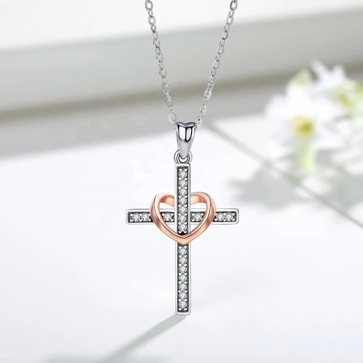Religious Cross Pendant Necklace with Zircon Inlay & Heart-Shaped Silver Necklace