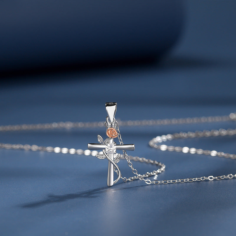 S925 Sterling Silver Rose Cross Necklace for Women - Summer High-End Pendant Versatile Clavicle Chain