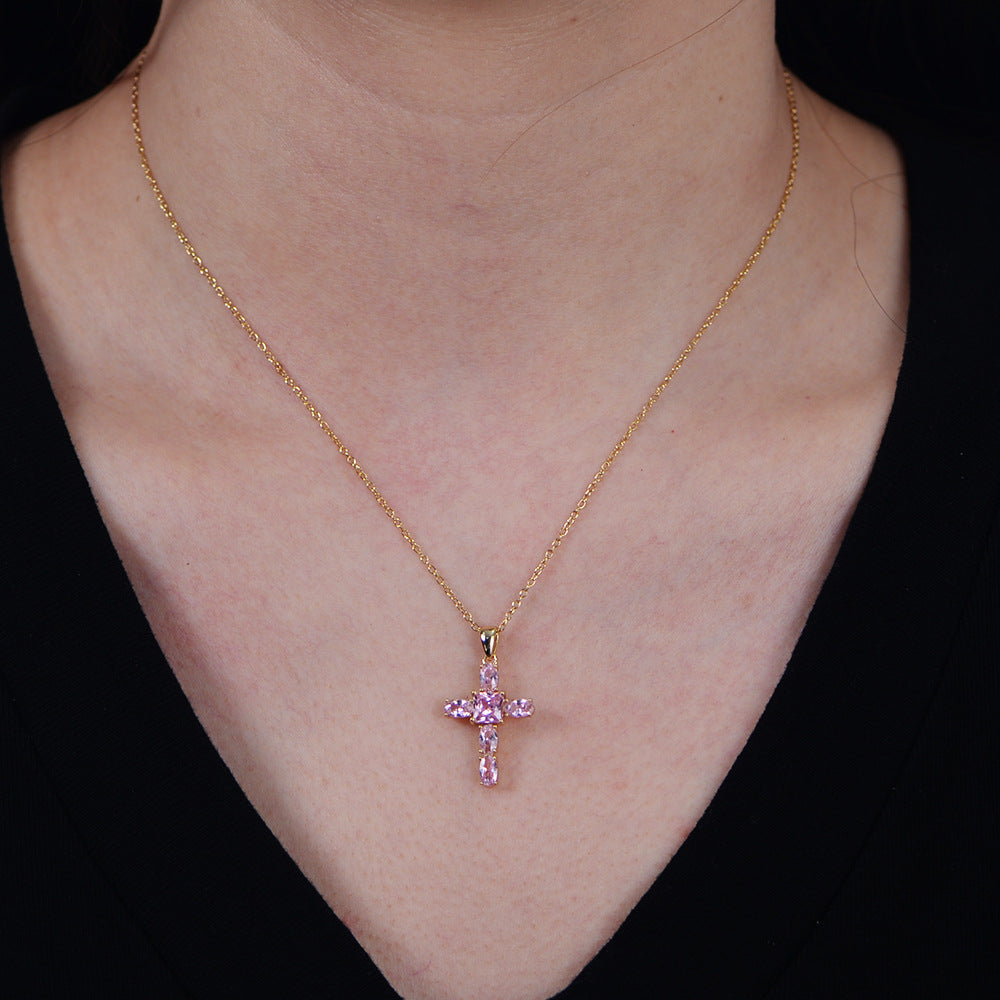 S925 Sterling Silver Pink Zircon Cross Necklace for Women - Minimalist Design with a Touch of Quirky Elegance