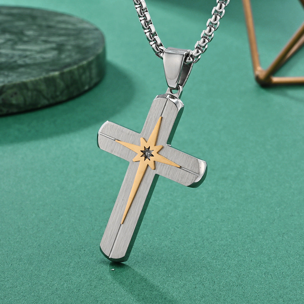 Minimalist Beveled Hexagram-Embellished Stainless Steel Cross Pendant Hip-hop Inlaid Stone Necklace Accessory