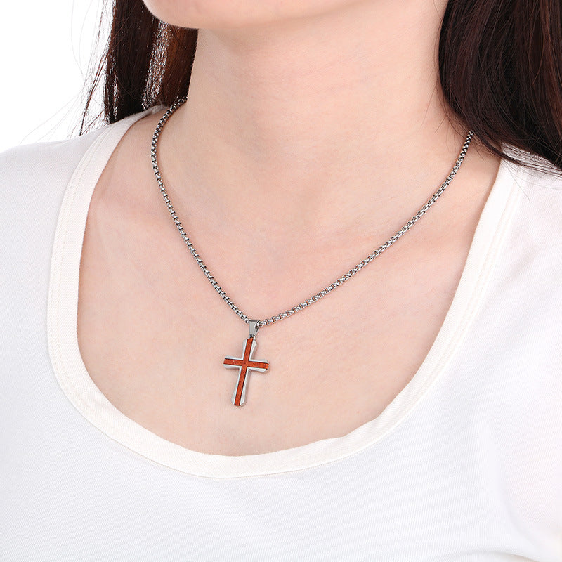 Stylish Minimalist Two-Tone Couple Necklace - Stainless Steel Inlaid with Padauk Solid Wood Cross Pendant