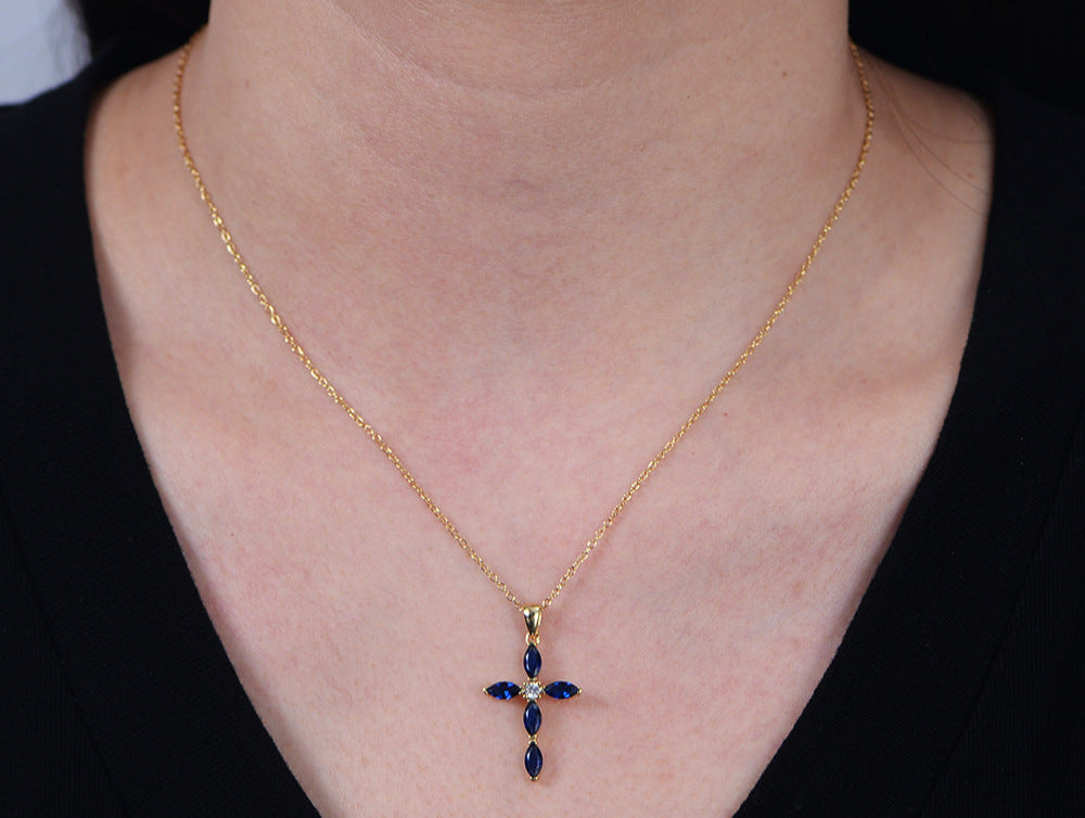 Luxury Silver Cross Necklace with Blue Cubic Zirconia - Sparkling Allure for Every Occasion