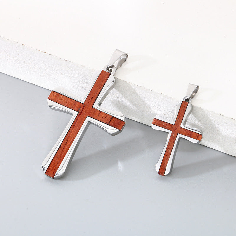 Stylish Minimalist Two-Tone Couple Necklace - Stainless Steel Inlaid with Padauk Solid Wood Cross Pendant