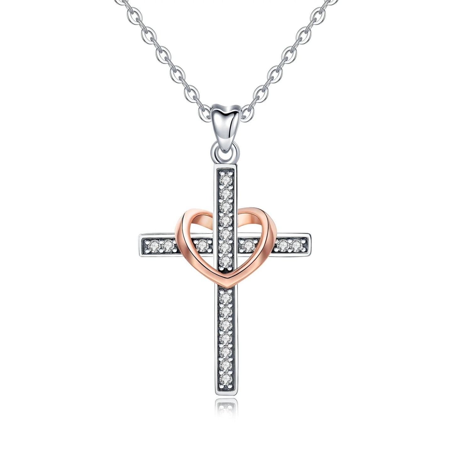 Religious Cross Pendant Necklace with Zircon Inlay & Heart-Shaped Silver Necklace