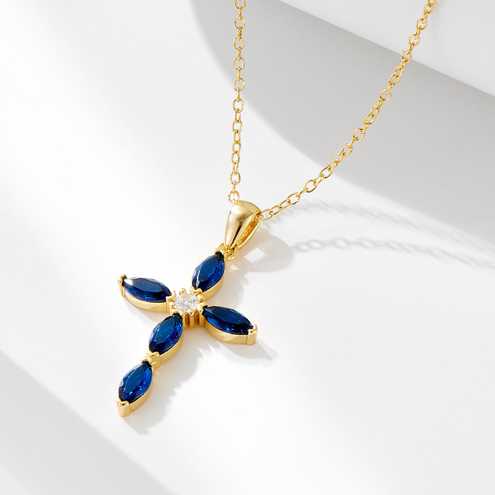 Luxury Silver Cross Necklace with Blue Cubic Zirconia - Sparkling Allure for Every Occasion