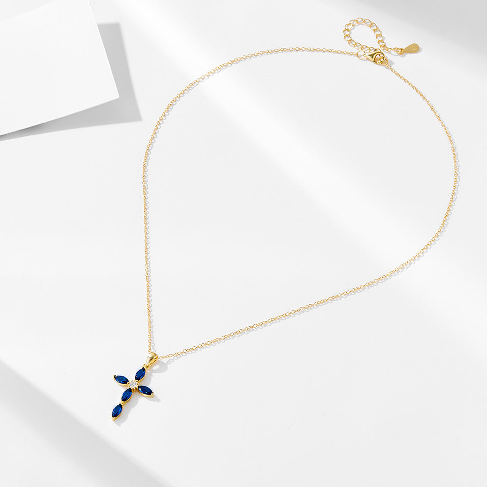 Luxury Silver Cross Necklace with Blue Cubic Zirconia - Sparkling Allure for Every Occasion