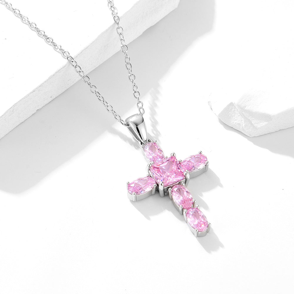 S925 Sterling Silver Pink Zircon Cross Necklace for Women - Minimalist Design with a Touch of Quirky Elegance